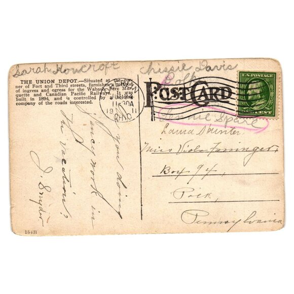 Vintage 1911 Union Depot Detroit MI Postcard Mailed 1 Cent Green Stamp Historic - Picture 2 of 2